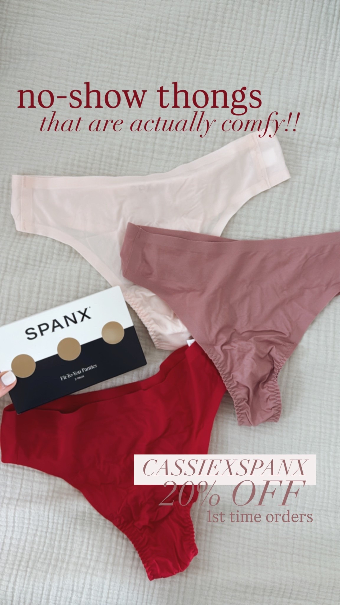 Finally! No-show thongs (like truly no show!) that are actually comfy too! This is my second order bc o found myself reaching for them more than any others. 

Code CASSIEXSPANX saves first time spanx shoppers 
#spanxpartner 

#LTKOver40 #LTKActive