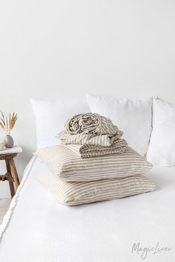 Natural Striped linen sheet set. Fitted sheet, flat sheet, 2 pillowcases. King, Queen, Twin sheet... | Etsy (AU)
