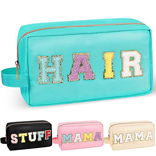 Chenille Letter Makeup Bag Hair Pouch, Nylon Preppy Patch Makeup Bag Small Travel Makeup Zipper Pouch Purse with Handle, Waterproof Portable Glitter Travel Toiletry Bag for Women Girls(HAIR-Green) | Amazon (US)