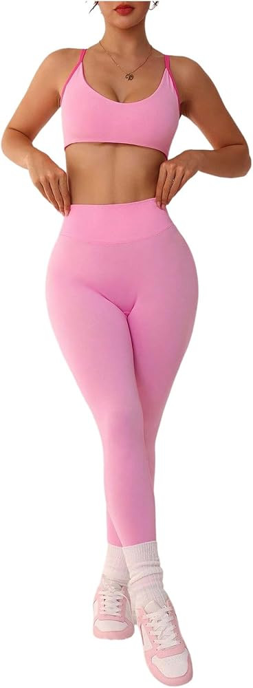 SweatyRocks Women's 2 Piece Seamless Workout Sets Backless Crop Top But Lifting Leggings Yoga Out... | Amazon (US)