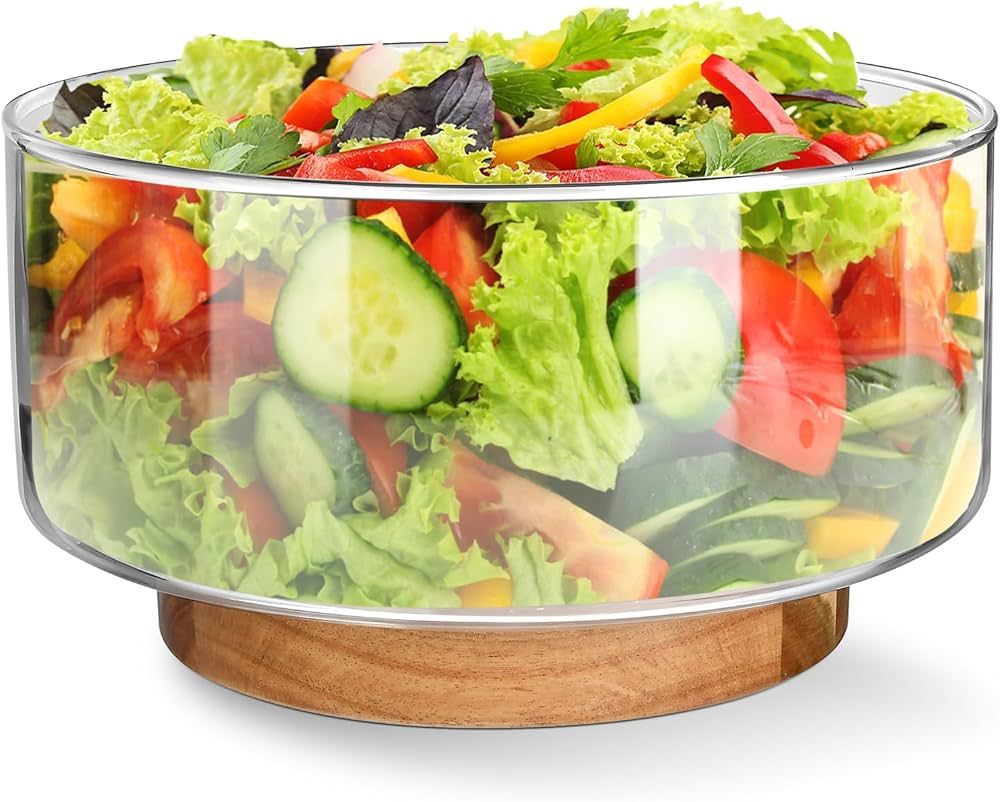 Large Glass Salad Bowl, 125oz Salad Bowls Large Serving with Acacia Wood Base, Salad Serving Bowl... | Amazon (US)