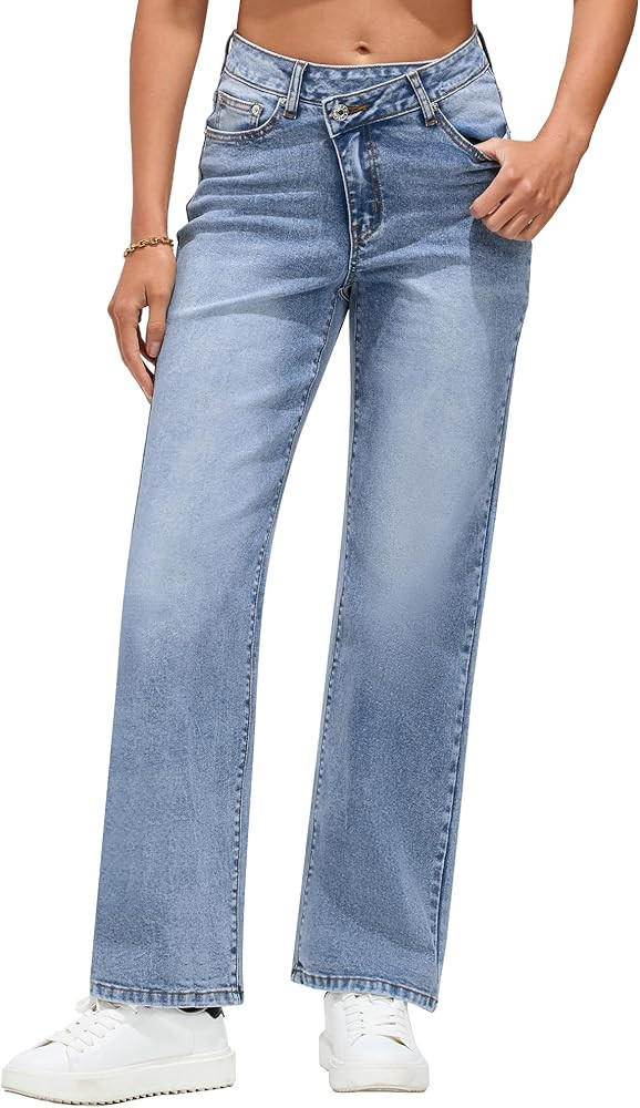 GRAPENT Baggy Jeans for Women High Waisted Straight Leg Crossover Trendy Stretch Denim Pants Slou... | Amazon (US)
