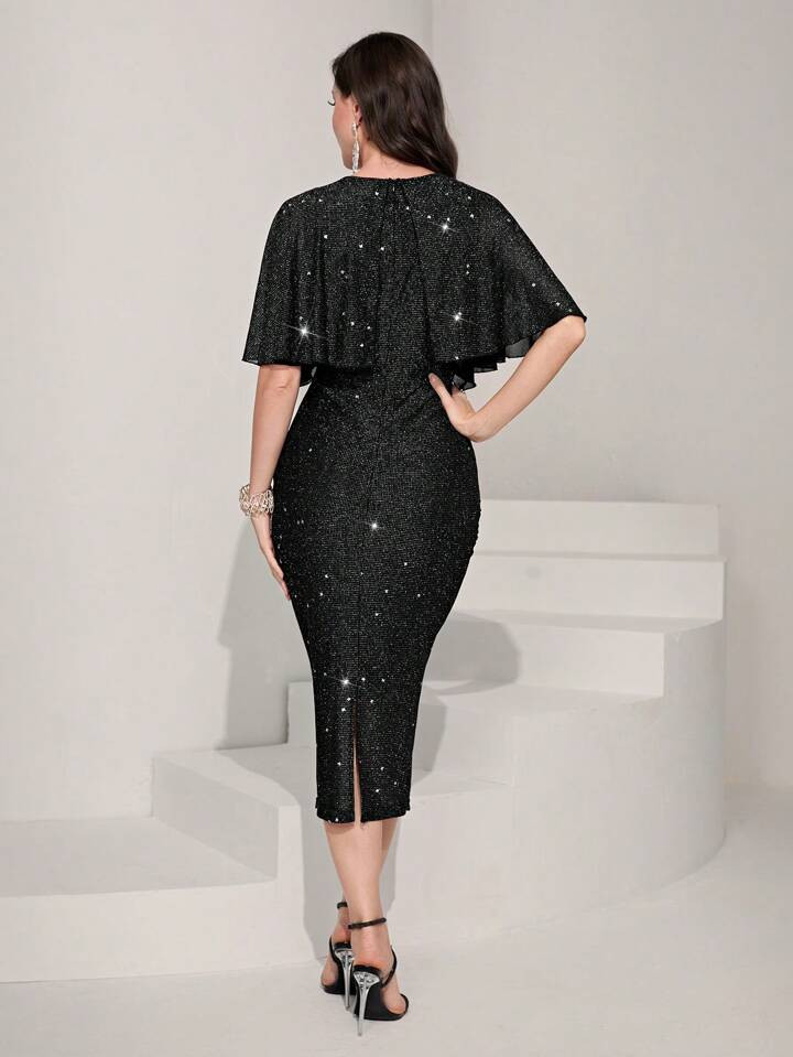 SHEIN Modely Butterfly Sleeve Ruched Side Split Back Sequin Bodycon Dress | SHEIN