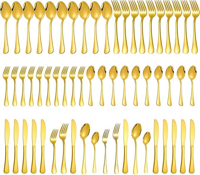 Gold Silverware Set for 12, Compralo 60 Pieces Stainless Steel Flatware Set, Shiny Golden Cutlery... | Amazon (US)