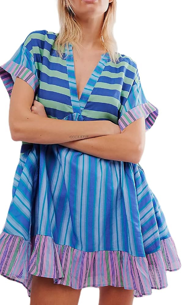 Women Bohemian Floral Mini Dress Boho Puff Sleeve Flowy Sundress V Neck Ruffle Short Dress Summer... | Amazon (US)