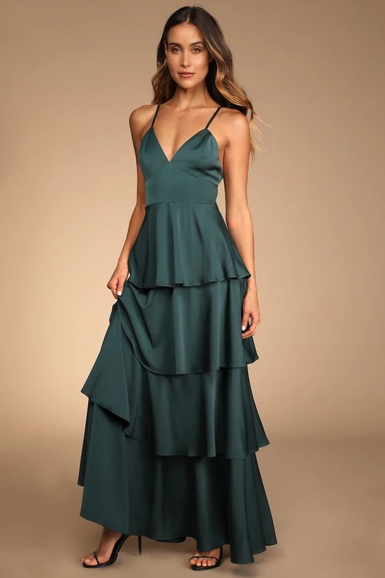 Going with Elegance Emerald Green Satin Tiered Maxi Dress | Lulus (US)