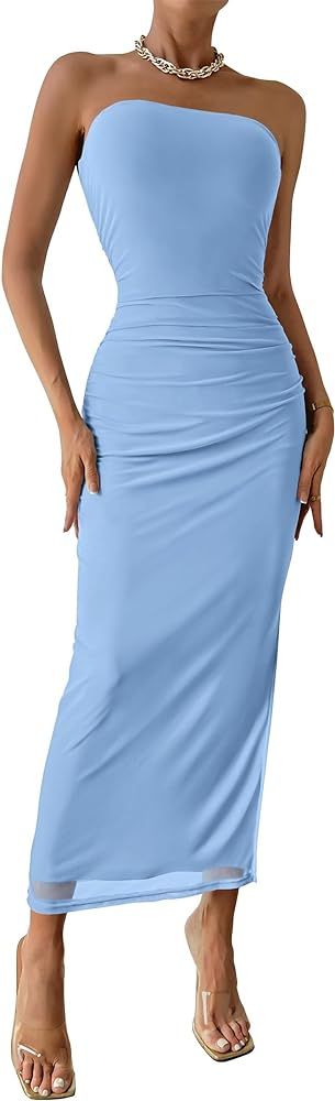PRETTYGARDEN Women's Summer Maxi Bodycon Dresses Strapless Tube Top Printed Long Party Club Slit ... | Amazon (US)