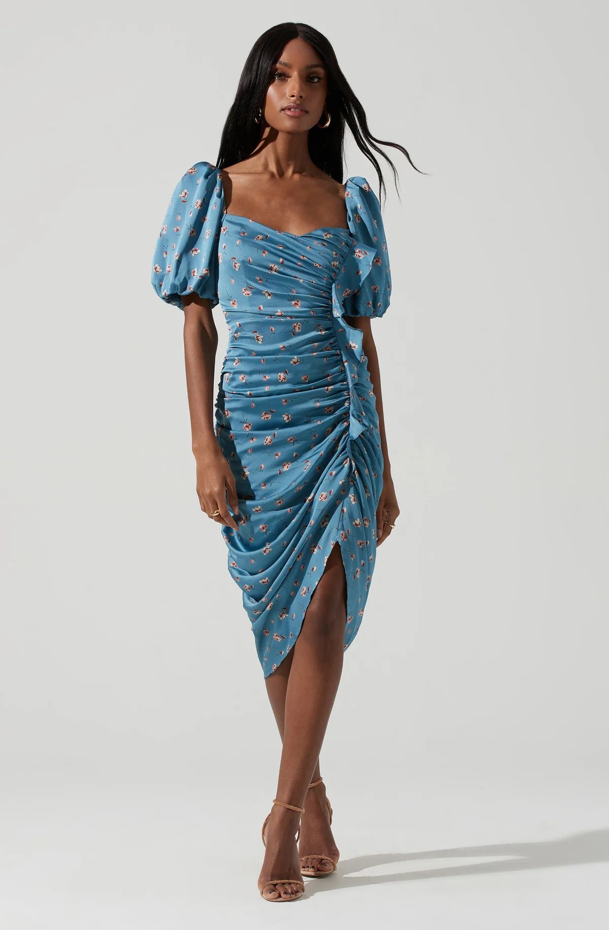 Emma Floral Ruched Bubble Sleeve Midi Dress - Slate blue coral flr / XS | ASTR The Label (US)