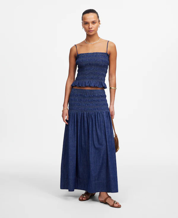 Smocked-Waist Denim Midi Skirt in Rinse Wash | Madewell | Madewell