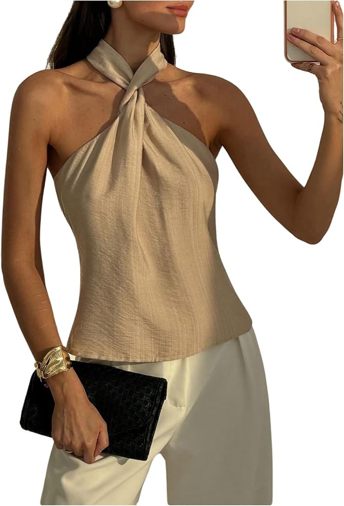MakeMeChic Women's Halter Tops Sexy Criss Cross Flowy Going Out Tops | Amazon (US)