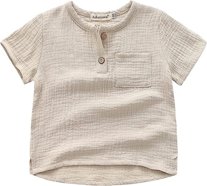 Ashmyova Boys Cotton Linen Shirt Toddler Boys Pocket Button Short Sleeve T Shirt Tees Tops | Amazon (US)