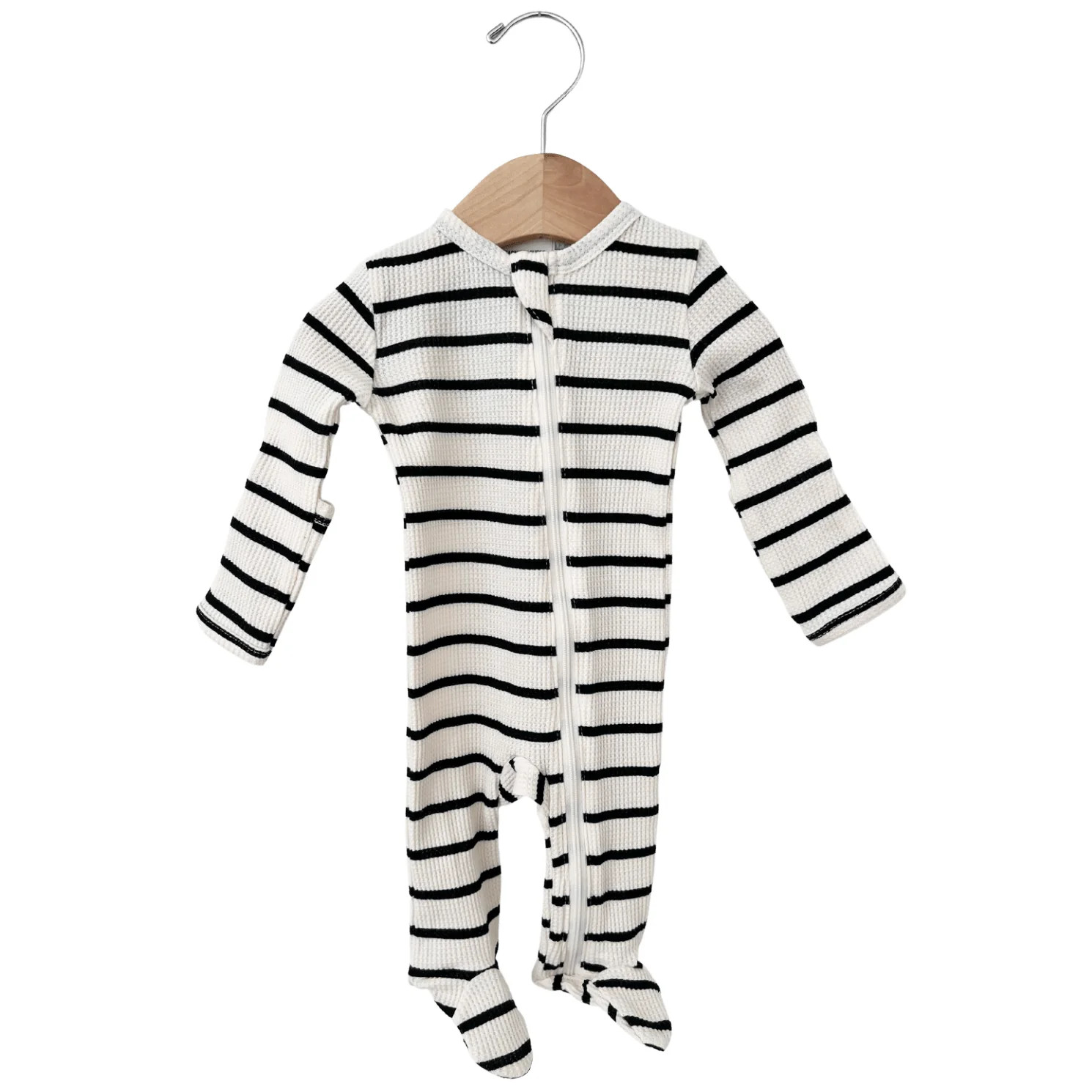 Organic Waffle Basic Zip Footie, Black Stripe | SpearmintLOVE