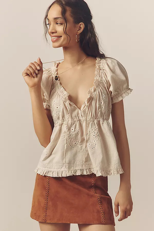 Puff-Sleeve Embroidered Babydoll Top | Anthropologie (US)