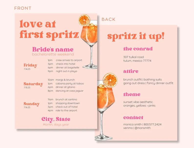 Aperol Spritz Weekend Itinerary Canva Digital Template Bachelorette Weekend Itinerary Birthday We... | Etsy (US)