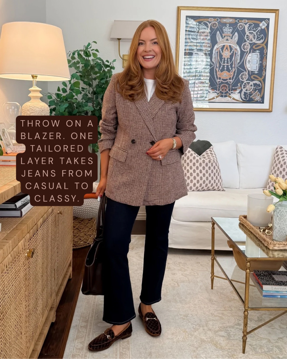 Wearing 28 short in jeans and mediumin the blazer — both true to size.
One tailored layer is all it takes to elevate jeans for fall. A classic houndstooth blazer takes dark rinse jeans from casual to classy — office-approved, dinner-ready, and still 100% comfortable. If you buy one elevating piece this season, make it a blazer.
#blazerandjeans #fallworkwear #houndstoothblazer #elevateddenim #fallofficeoutfits