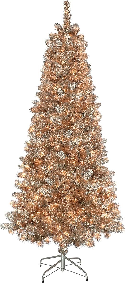 Puleo International 6.5 Foot Pre-Lit Rose Gold Tinsel Artificial Christmas Tree with 400 UL-Liste... | Amazon (US)
