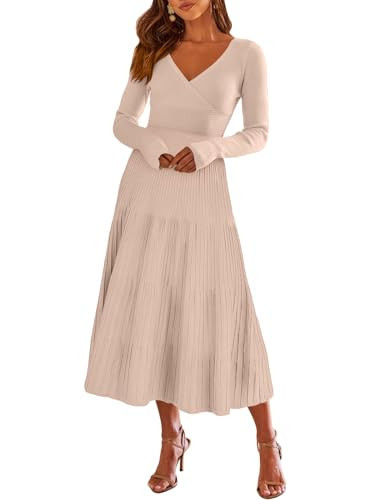 ANRABESS Womens Wrap Midi Sweater Dresses Long Sleeve V Neck Ribbed Knit Bodycon High Waist Pleated A-Line Dress 2025 Trendy Large | Amazon (US)