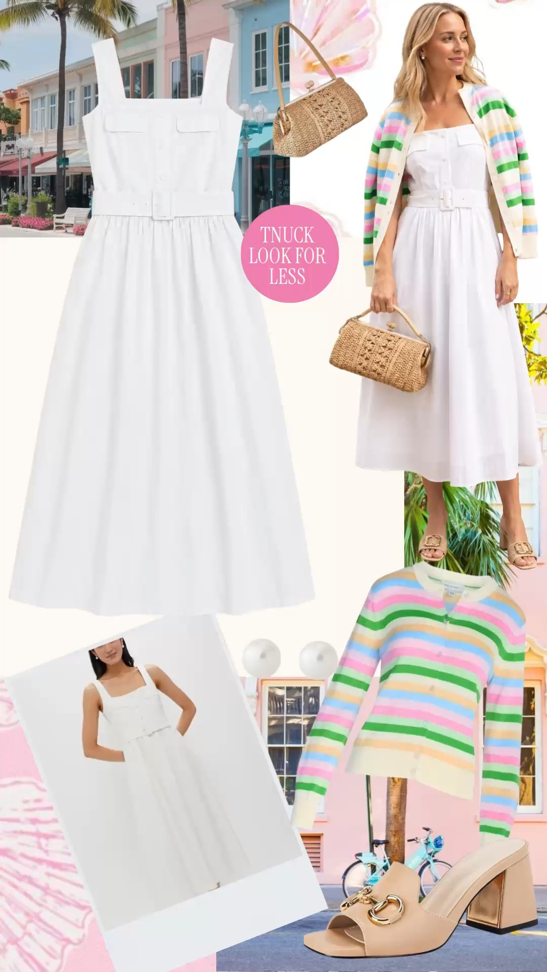 Tuckernuck Elle dress look for less | white summer dress outfit | Amazon dress find | preppy summer outfit | vacation outfit

This white cotton lyocell Amazon dress is giving the $298 Tuckernuck Elle dress look for less, and the whole outfit feels so polished for summer.

The dress has that clean square neckline, wide straps, belted waist, button front detail, full midi skirt, and easy white summer dress shape that works for so many warm-weather plans. It is the kind of Amazon dress that looks far more expensive styled with the right pieces.

The striped cardigan is Walmart, but it has that Boden meets J.Crew look in the best way. The cotton modal fabric feels fantastic, soft, and not too heavy for summer, which makes it perfect for layering over a white dress, teacher outfit, work outfit, vacation outfit, or casual church outfit.

The pearl earrings and woven bag are Target finds, and the shoes are Amazon. The sandals are very Gucci inspired, and I have a pair and love them.

This is such a strong outfit idea for brunch, church, teacher outfits, work outfits, baby showers, bridal showers, vacation dinners, coastal shopping days, resort trips, summer parties, garden parties, and polished everyday summer style.

If you love Tuckernuck looks for less, white midi dresses, preppy summer outfits, Boden inspired cardigans, J.Crew style, Target accessories, Gucci inspired sandals, Amazon fashion finds, and designer inspired outfits for less, this is such an easy outfit formula.

Tuckernuck Elle dress look for less, Tuckernuck inspired dress, white summer dress, white midi dress, Amazon dress find, cotton lyocell dress, belted midi dress, square neck dress, white dress outfit, preppy summer outfit, vacation outfit, teacher outfit, work outfit, church outfit, bridal shower outfit, baby shower outfit, Boden inspired cardigan, J.Crew inspired cardigan, striped cardigan, Target bag, Target earrings, Gucci inspired sandals, Amazon sandals, designer look for less

#LTKFindsUnder50 #LTKFindsUnder100 #PreppyStyle #WorkOutfit #LookForLess #TeacherOutfit #SummerOutfits

#LTKWorkwear #LTKPetite #LTKootd