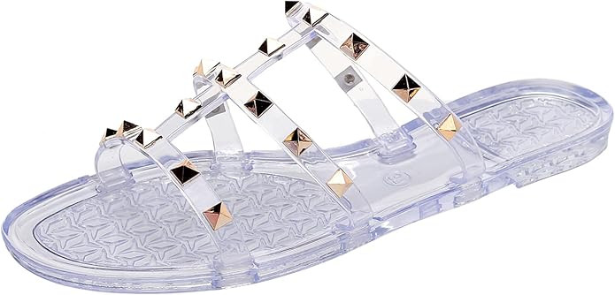Women Flats Sandals, Studded Jelly Shoes Size 9 Red Dressy Summer Beach Rivets Strappy Jellies Sl... | Amazon (US)