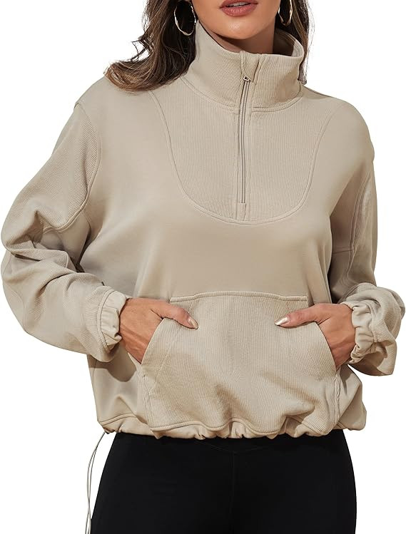 PrettyGuide Womens Scuba Cropped Half Zip Sweatshirt Pullover Stand Collar Ribbed Quarter Zip Hoo... | Amazon (US)