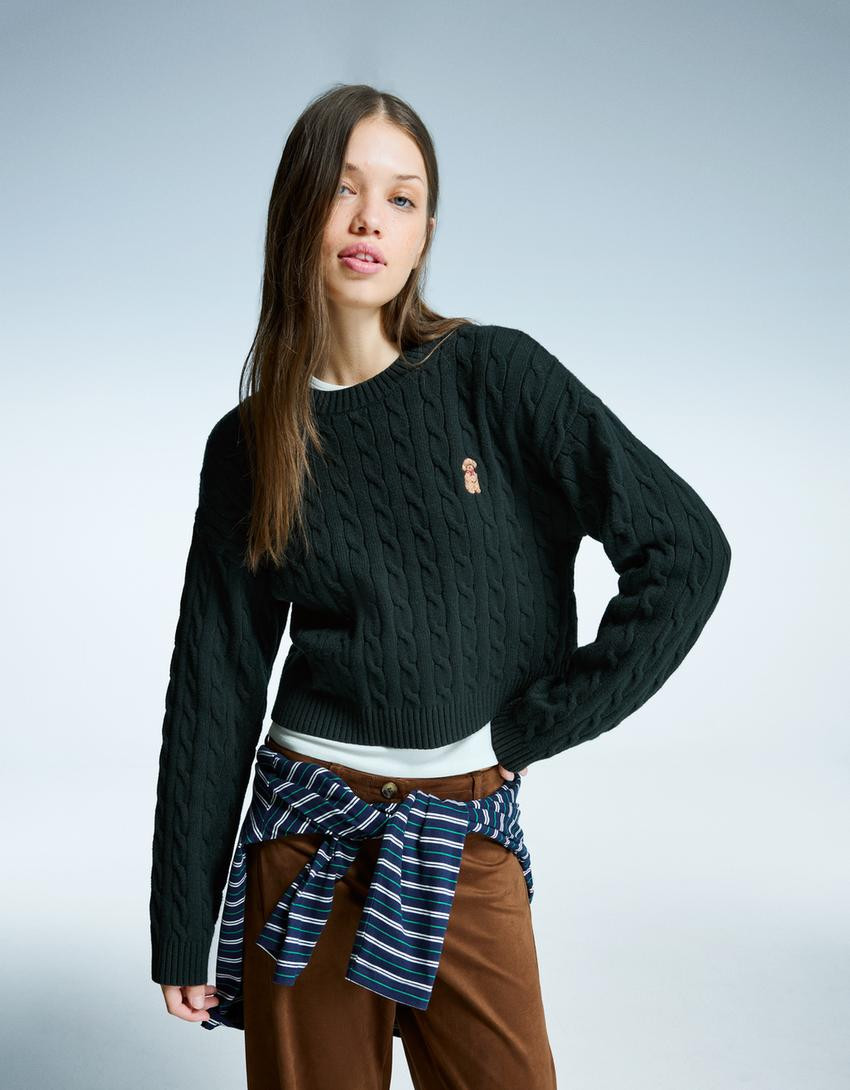 Embroidered cable-knit sweater - Sweaters and cardigans - Women | Bershka GB