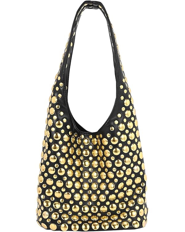 Stylish Studded Hobo Bag Y2K Rivets Bucket Purse for Women Trendy Small Shoulder Tote Handbag | Amazon (US)