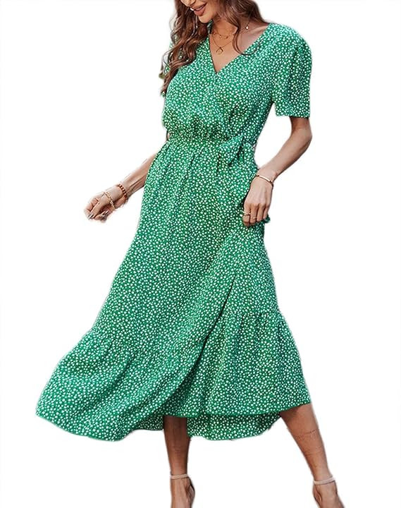Women's Boho Floral Midi Dress Wrap Maxi Summer Dress Ruffle Short Sleeve Swing Beach Dresses wit... | Amazon (US)