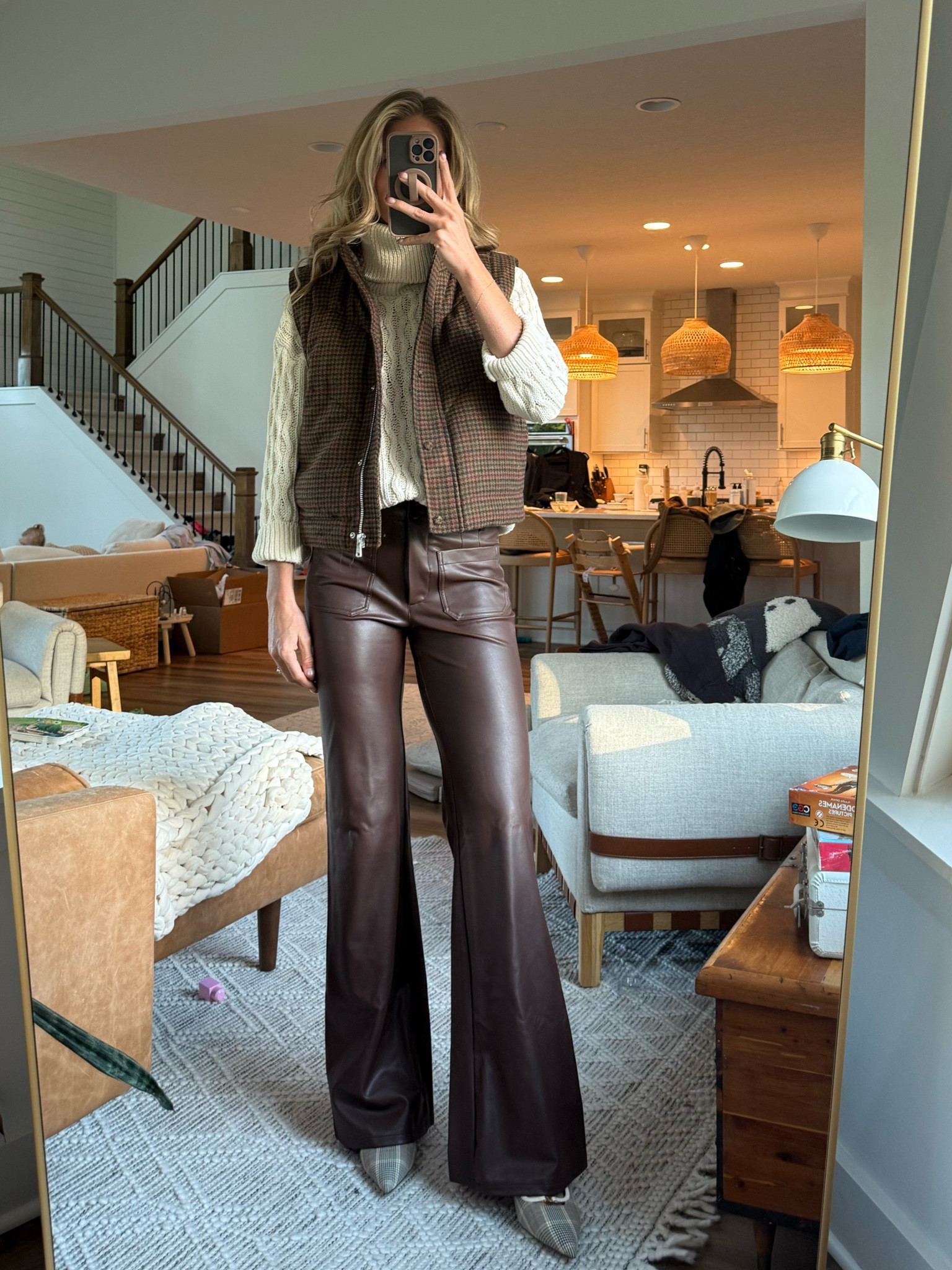 Fall outfit from Anthropologie 
Wearing a small in the vest. Runs oversized so if in between sizes size down
Wearing small in sweater and 27 long in pants. Pants have a stretch them. Both run tts 