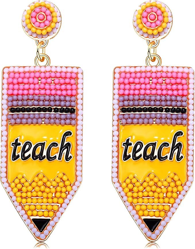 Teacher Earrings Beaded Pencil Earrings for Women Colorful Pencil Drop Dangle Earrings Statement ... | Amazon (US)
