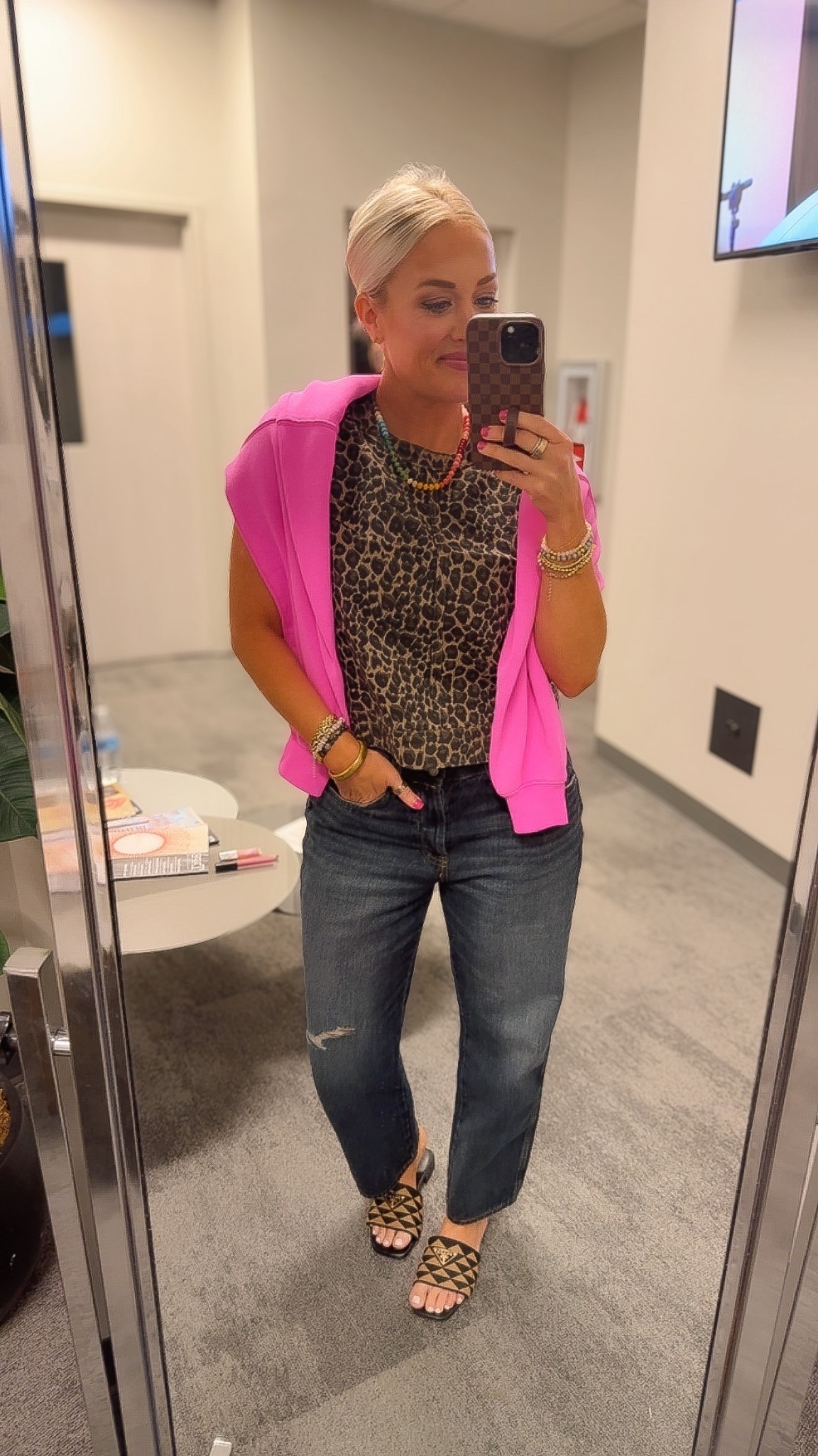 Today’s casual outfit for podcast recording 
Leopard top - medium 
Dark wash straight jeans - size 8