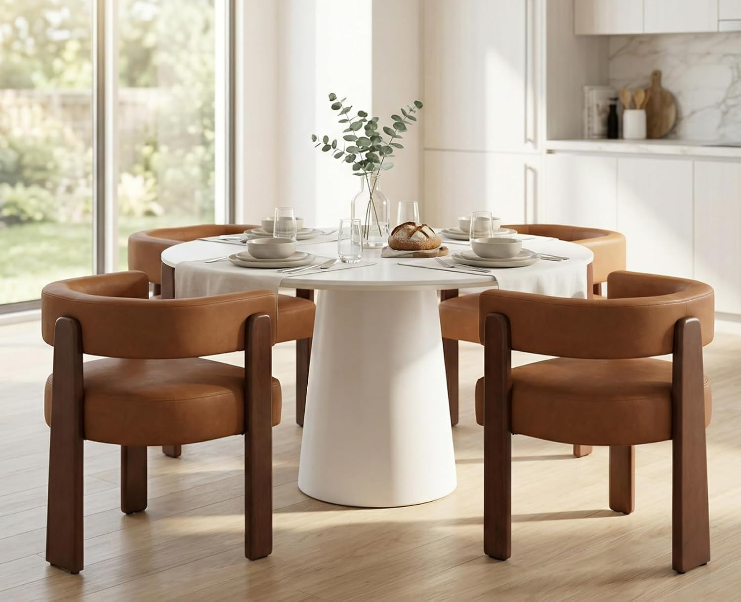 Brown Leather Barrel Dining Chairs Set of 4 Modern Upholstered Dining Room Chairs with Arms/Open Back Farmhouse Wooden Kitchen Chairs Comfy Accent Side Armchairs for Living Room | Amazon (US)