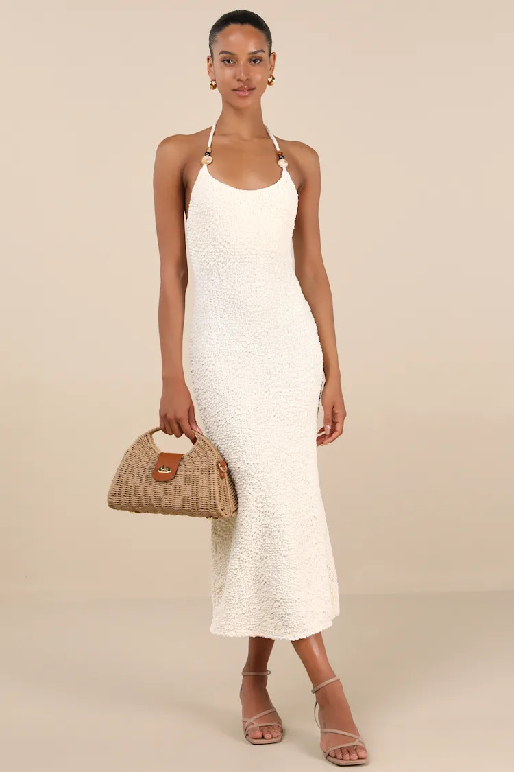 Meike Cream Textured Knit Beaded Halter Midi Dress | Lulus