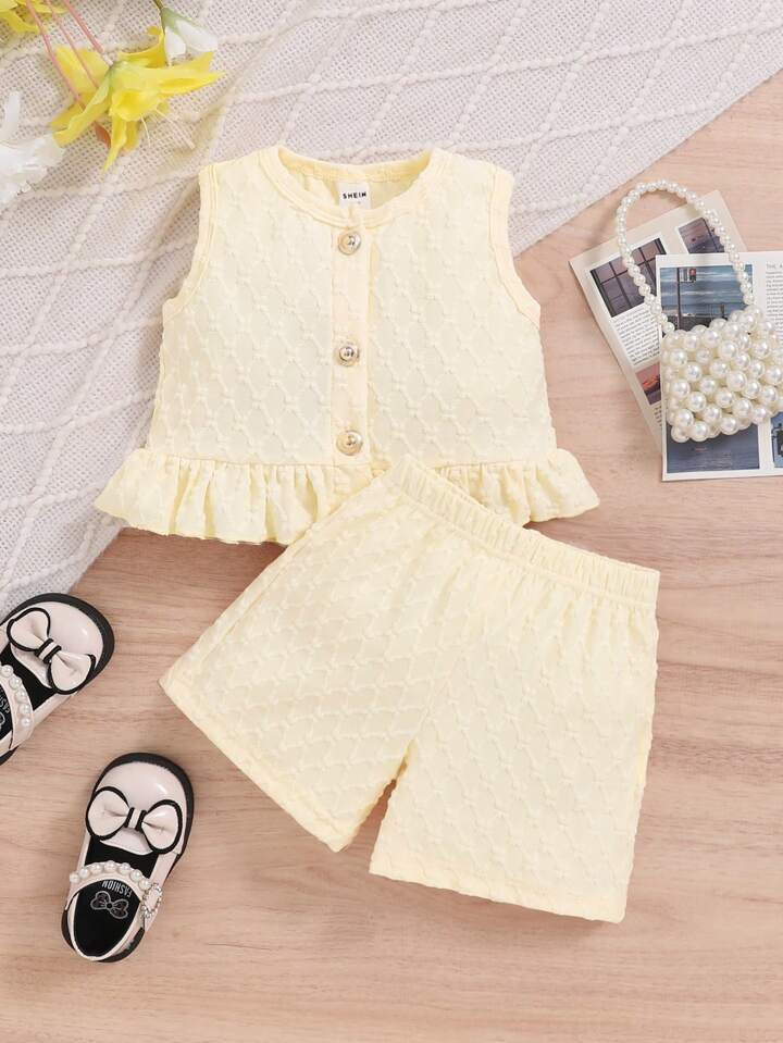 2pcs/Set Baby Girl Cute Casual Ruffle Collar Bow Decor Button Top & Solid Color Shorts Outfit, Sp... | SHEIN