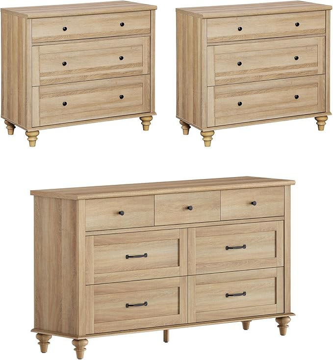 WAMPAT 3 Piece Bedroom Set - Includes Farmhouse 7 Drawer Dresser, Set of 2 Bedside Tables with 3 ... | Amazon (US)