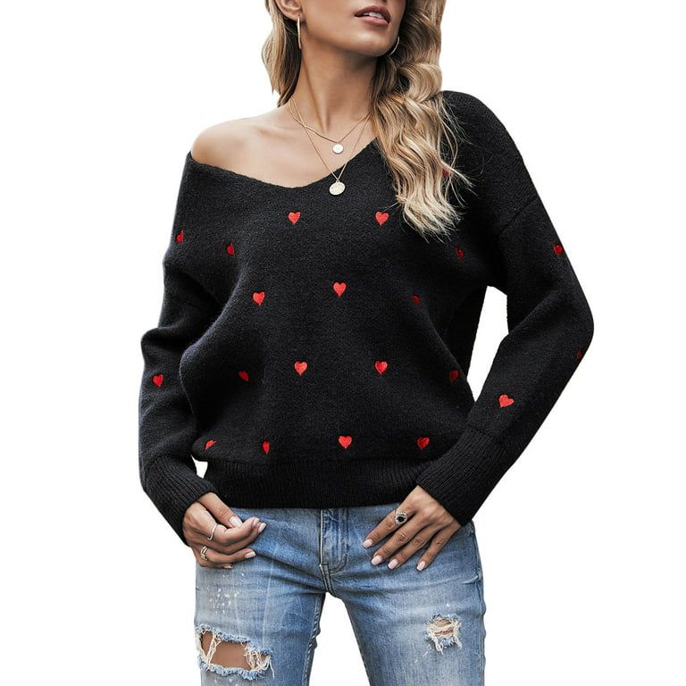 Sweaters for Women Valentine's Day Cute Heart Print Warm Pullover Sweaters Casual Knitted Sweater... | Walmart (US)