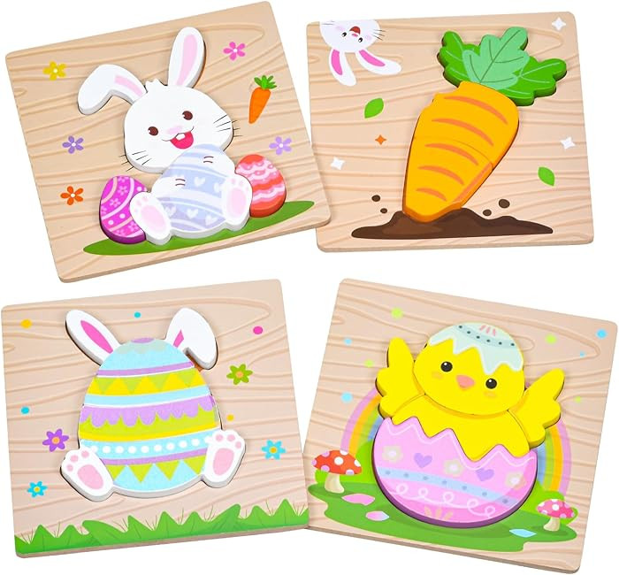 4 Pack Easter Wooden Puzzles for Kids Toddler Easter Basket Stuffers Toys Gifts Party Favor Boys ... | Amazon (US)