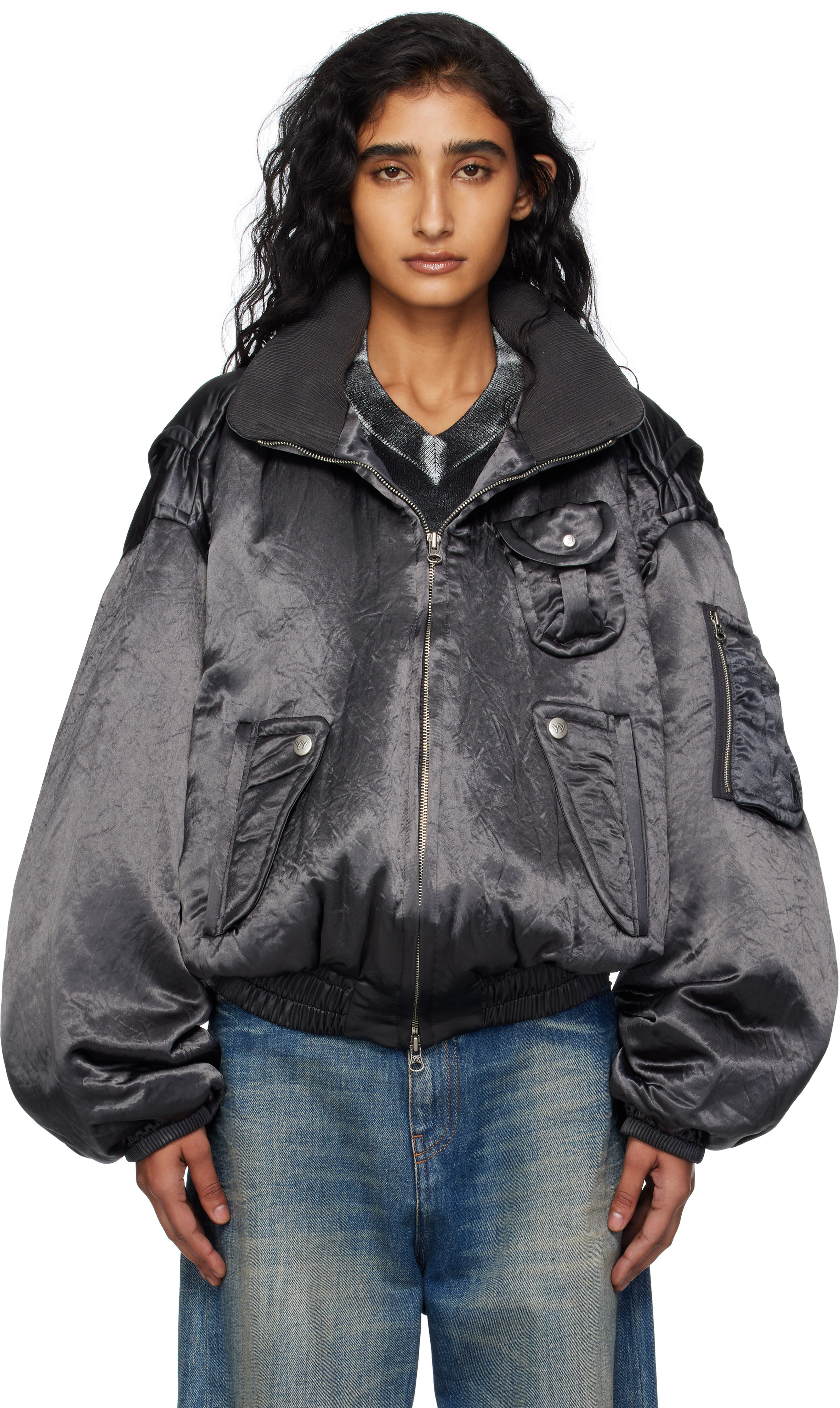 OPEN YY Gray Satin Cargo Bomber Jacket | SSENSE