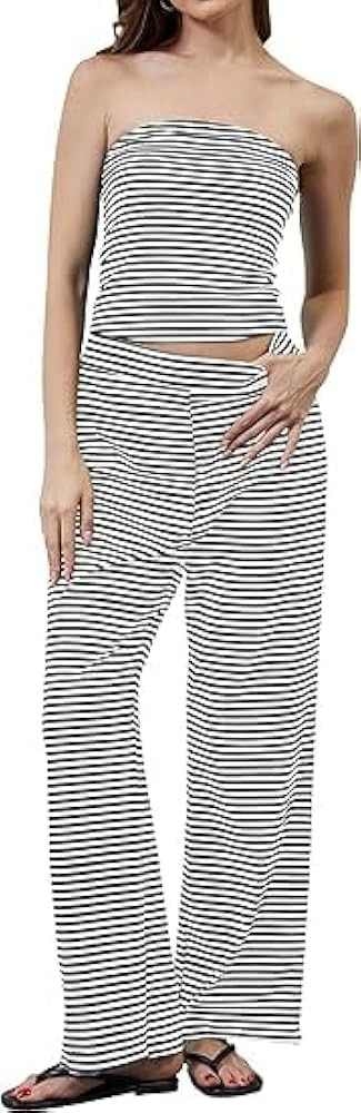 Women’s 2 Piece Sets Striped Summer Matching Outfits Strapless Crop Tube Top and Wide Leg Pants... | Amazon (US)