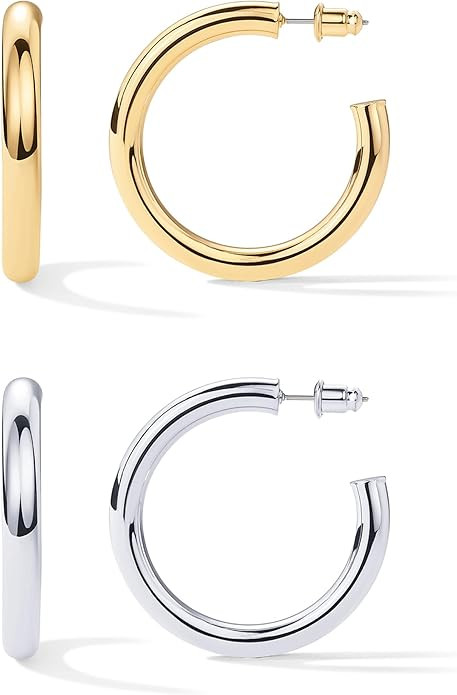PAVOI 14K Gold Plated Lightweight Chunky Open Hoops for Women | Trendy Gold Hoop Earrings | Amazon (US)