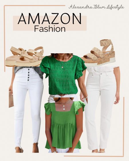 Amazon fashion finds with these green tops and white jean pants paired with straw sandals! Amazon finds! Amazon trends! 

#LTKfindsunder100 #LTKshoecrush #LTKstyletip