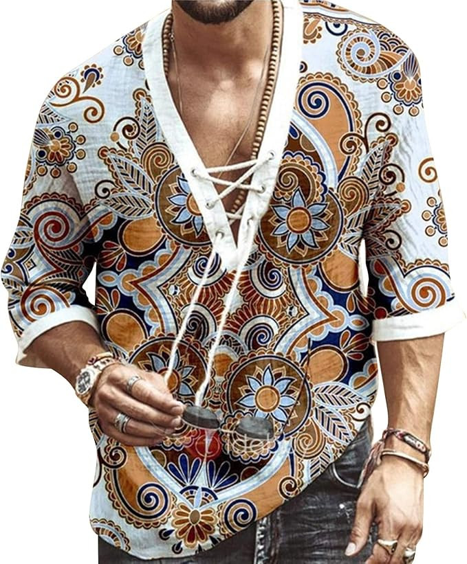 Men's Fashion Shirt Short Sleeve Beach V-Neck Drawstring Printing Yoga African Summer Top | Amazon (US)
