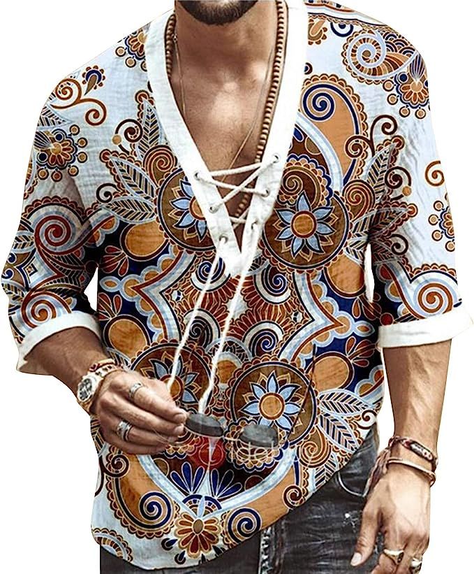 Men's Fashion Shirt Short Sleeve Beach V-Neck Drawstring Printing Yoga African Summer Top | Amazon (US)
