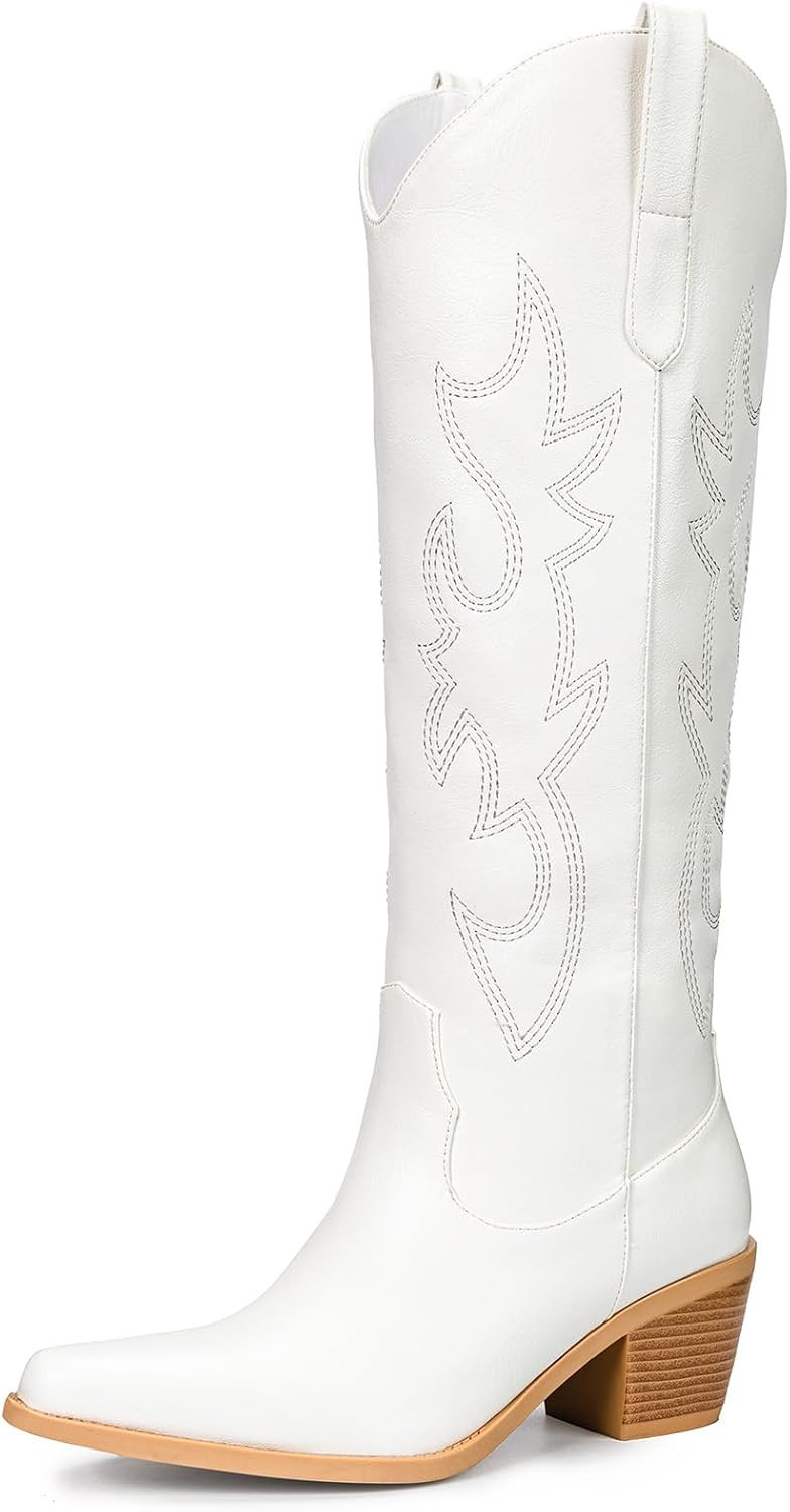 Western Cowboy Boots for Women - Knee High Wide Calf Cowgirl Boots, Slip On Pointed Toe Chunky Heel Fashion Retro Classic Pull On Tall Boot for ladies Party concert | Amazon (US)