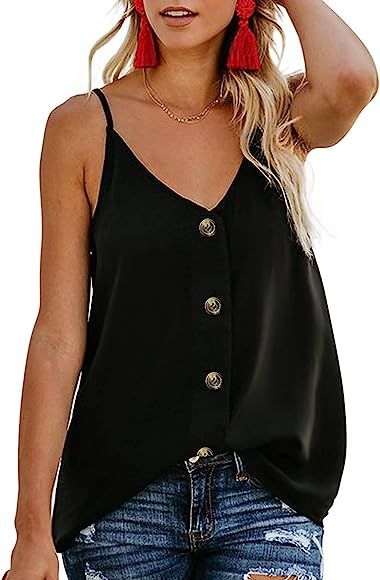 Women's Button Down V Neck Strappy Cami Tank Tops Casual Sleeveless Blouses Vest | Amazon (US)