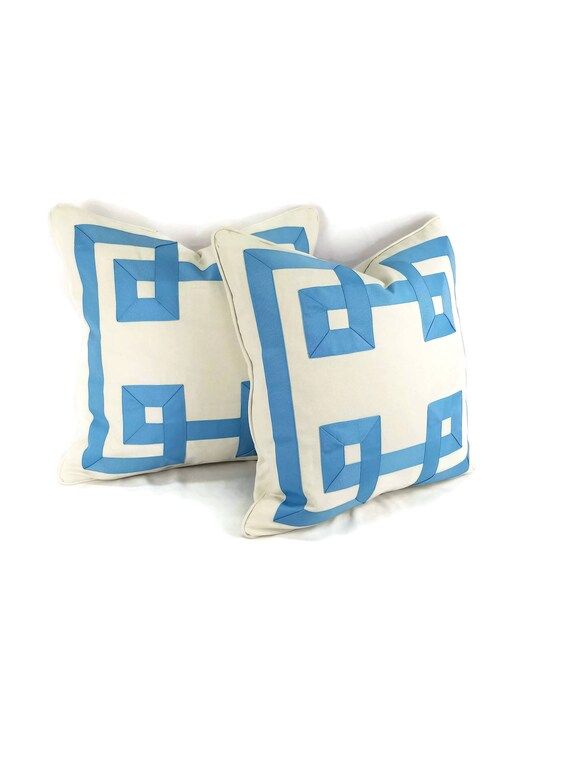 Set of 2: Off White with Light Blue Ribbon Embellished Greek Key Pillow Cover with Self-Welt Pill... | Etsy (US)