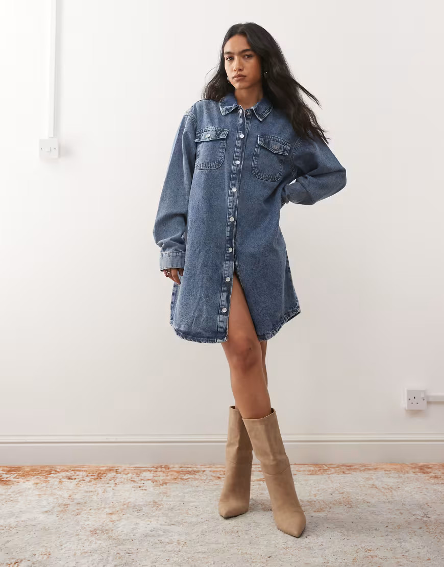 Noisy May long sleeve denim shirt dress in washed blue denim | ASOS (Global)