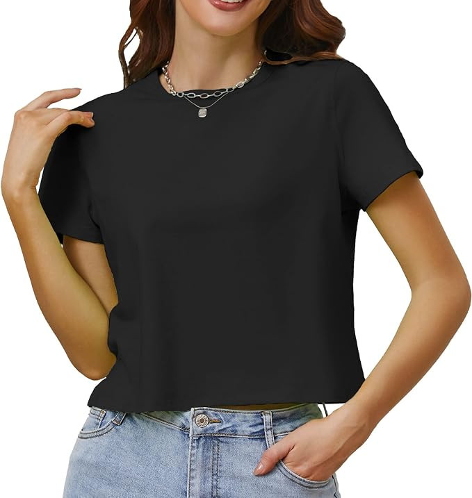 Cotton T Shirts for Women Loose Fit Casual Crewneck Basic Tee Tshirts Short Sleeve Crop Workout T... | Amazon (US)