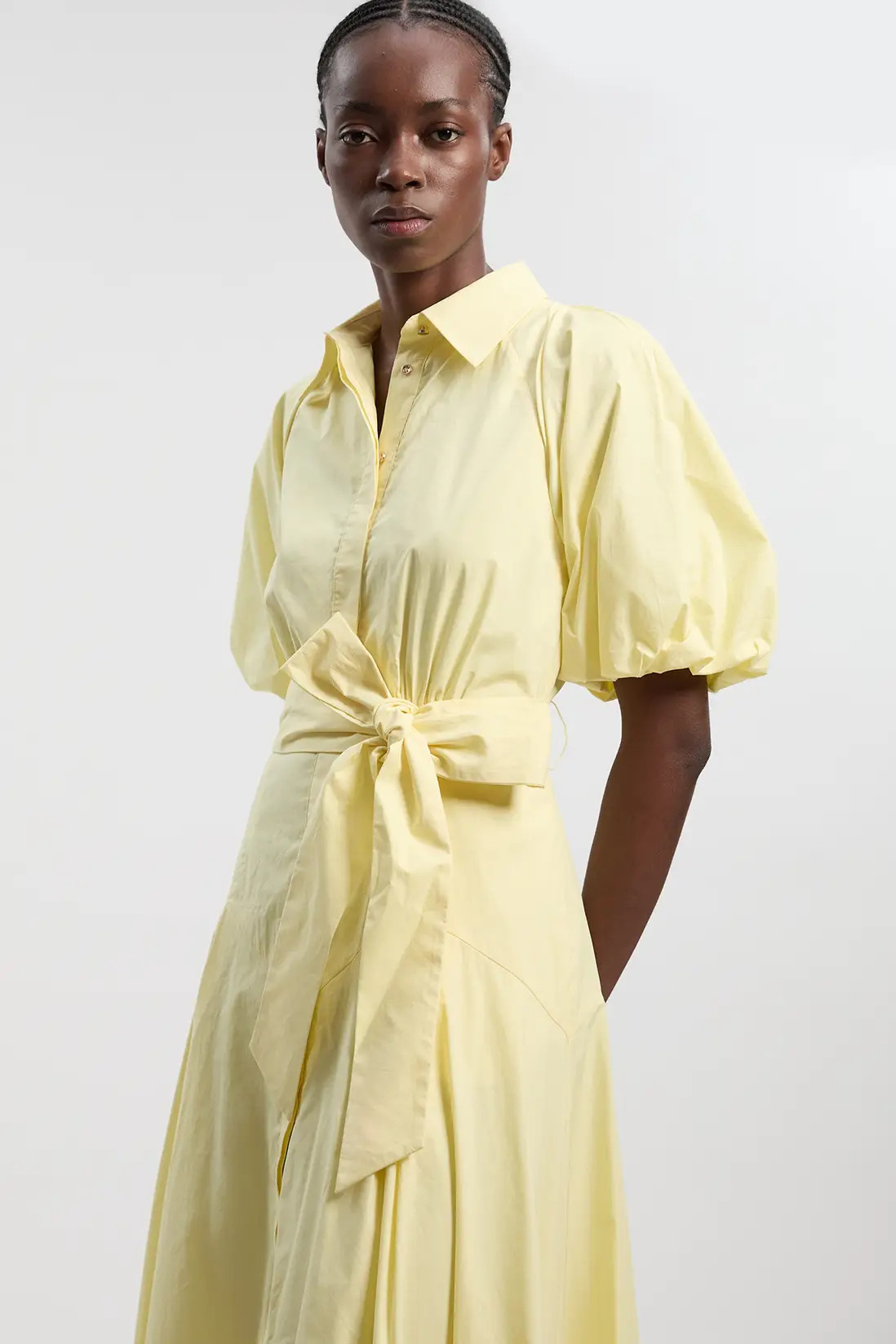 Cotton Puff Sleeve Woven Midi Shirt Dress With Dropped Waist Detail | Karen Millen