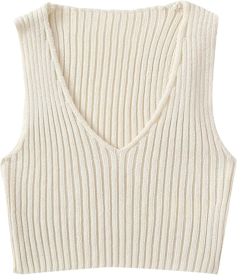 SweatyRocks Women's Ribbed Knit Crop Sleeveless V-Neck Sweater Vest Crop Tank Top | Amazon (US)