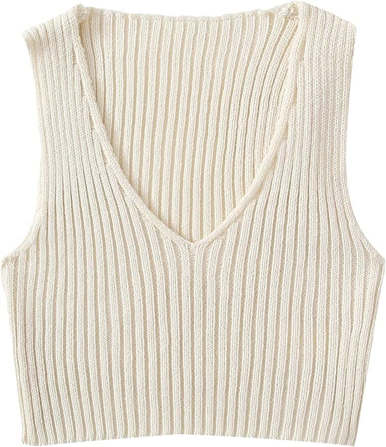 SweatyRocks Women's Ribbed Knit Crop Sleeveless V-Neck Sweater Vest Crop Tank Top | Amazon (US)